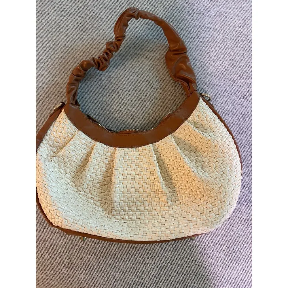 Valentino Fiore woven straw & cognac leather hobo bag